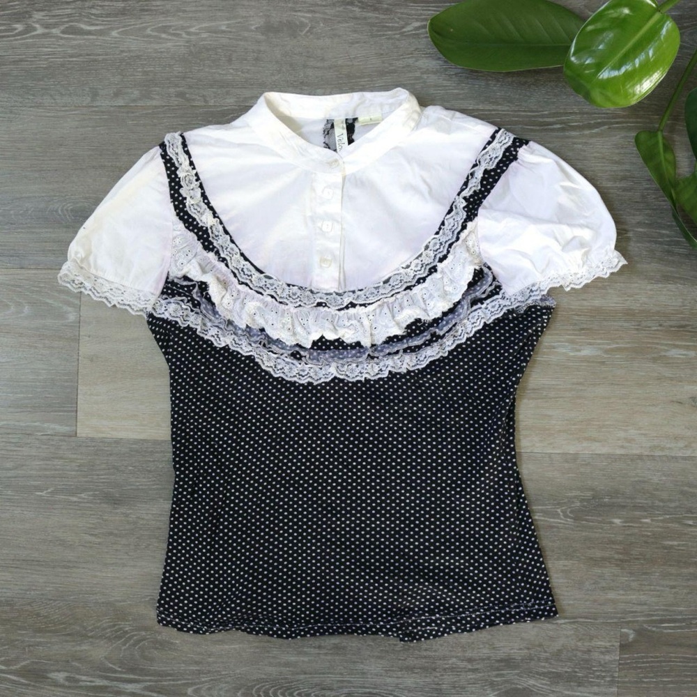 Coquette blue and white polka dot blouse with lace detail